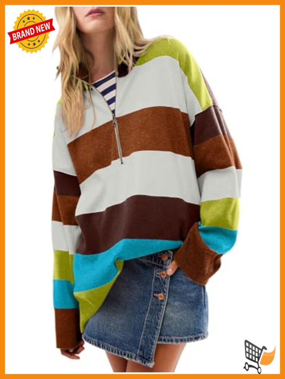 Womens Striped Oversized Half Zip Sweater Knit Pullover Turtleneck Long Sleeve